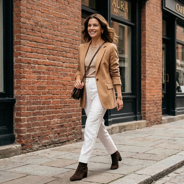 outfit con pantalón blanco top neutro blazer y botas elegantes