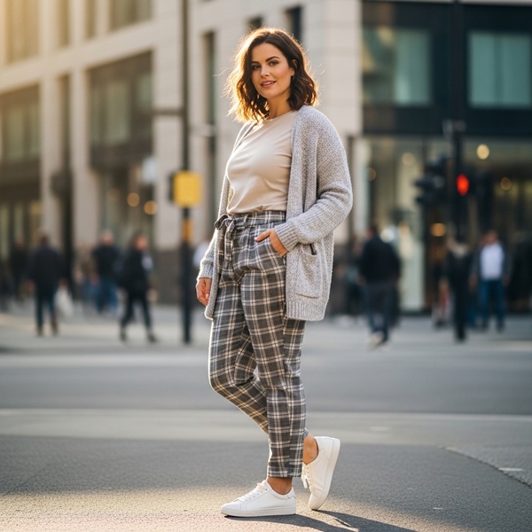 Pantalón de cuadros combinado con top neutro en look preppy moderno