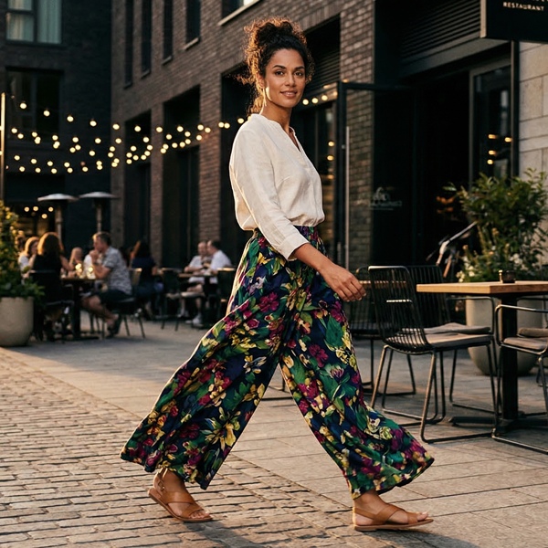 Pantalones palazzo con estampado floral y blusa neutra para look elegante