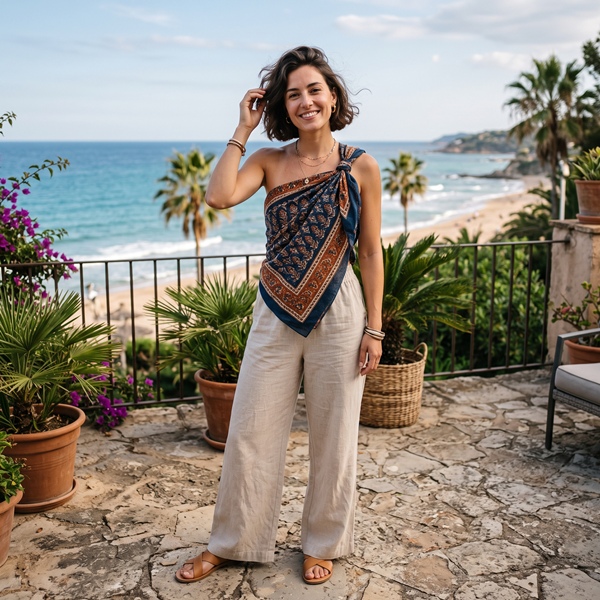 Mujer usando un pareo como top de un hombro combinado con pantalones ligeros