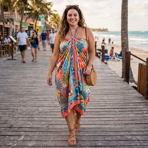Mujer con un pareo convertido en vestido halter para un look de vacaciones