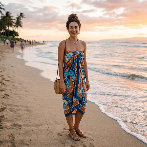 Mujer usando un pareo como vestido strapless durante unas vacaciones