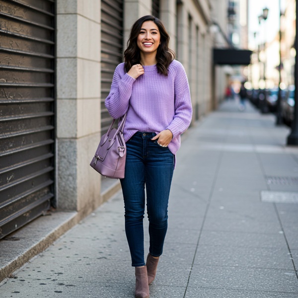 En otoño usa un suéter color lavanda y jeans