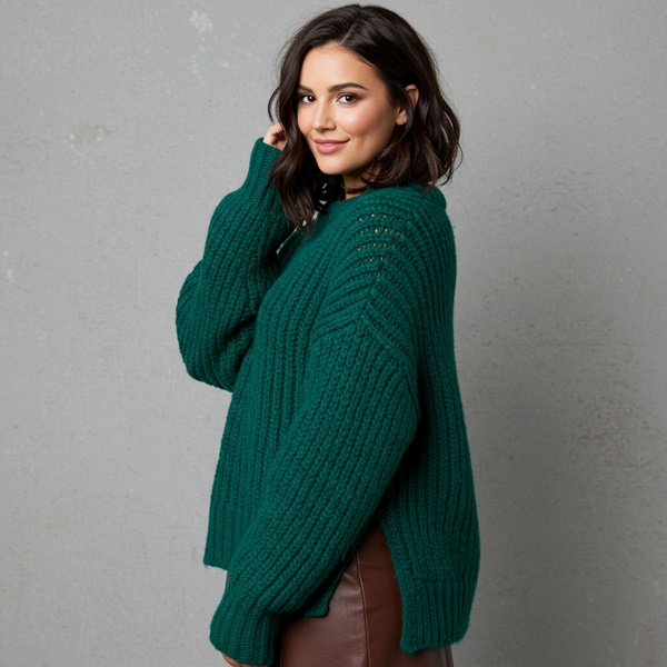 Look con suéter de punto grueso con falda de cuero