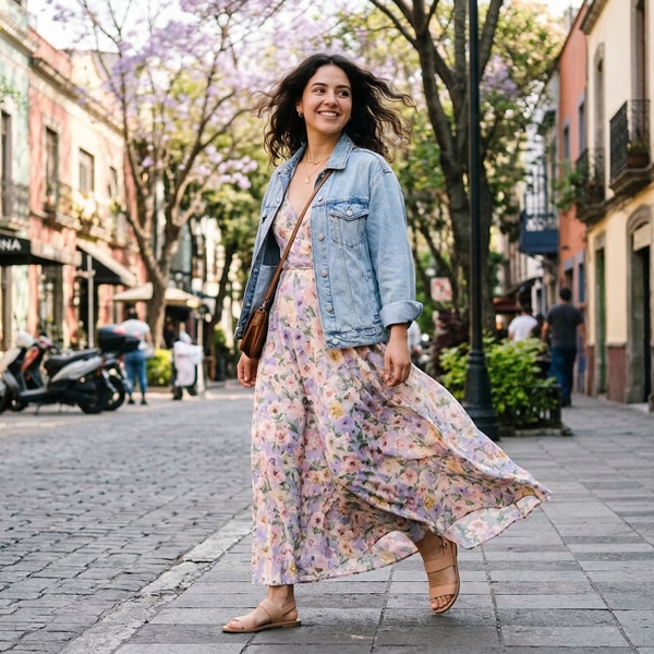 Vestido maxi con estampado floral en tonos pastel combinado con mezclilla