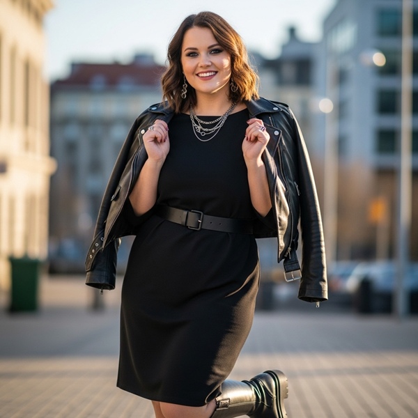 Vestido negro midi con botas chunky y chamarra de piel estilo atrevido