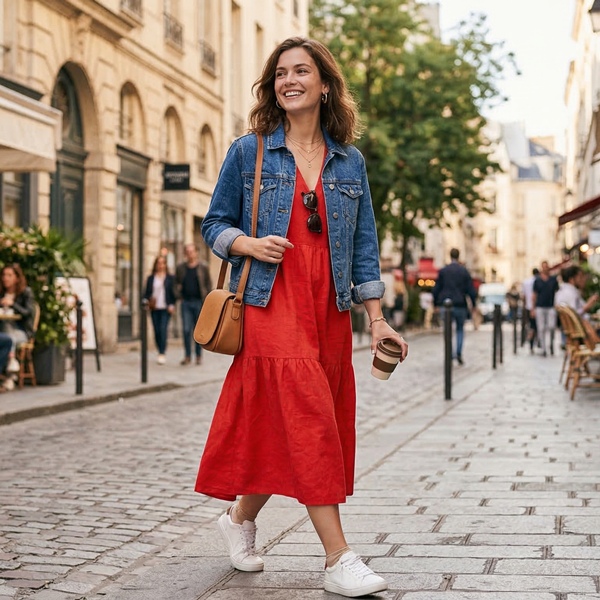 Look con vestido rojo y chaqueta de mezclilla combinación de colores