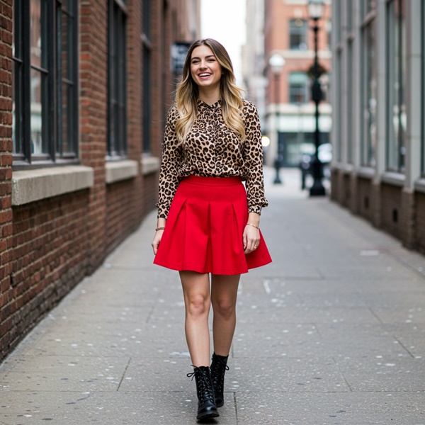 Look con falda roja y blusa de animal print de leopardo