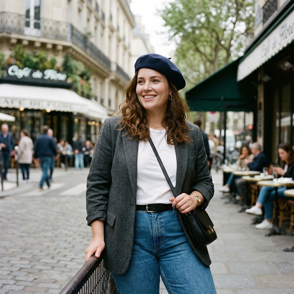 mujer con boina en outfit estilo parisino con blazer y jeans