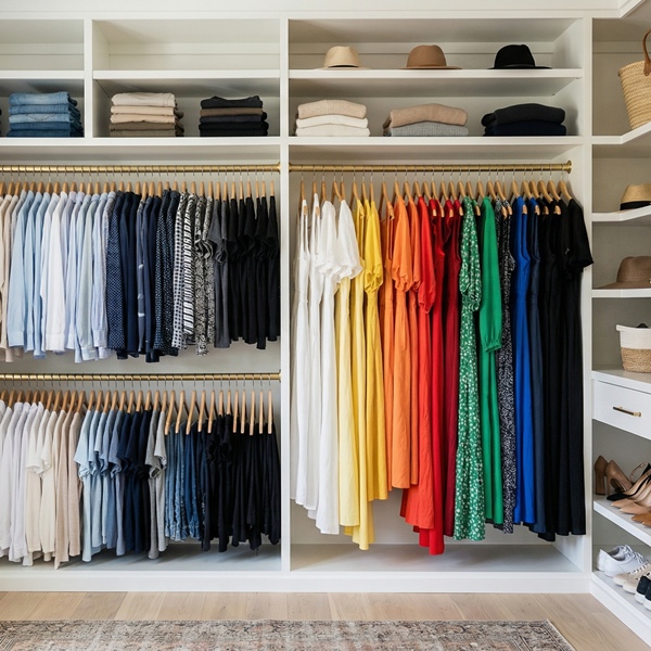 ropa organizada por tipo y color dentro de armario