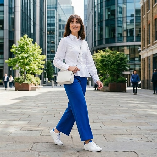 Outfit color block azul eléctrico con blanco ideal para oficina