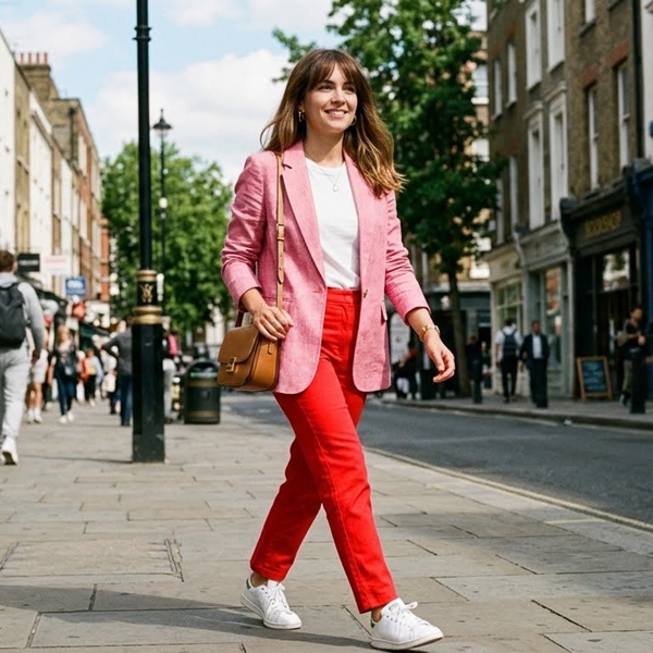 Look color block rosa y rojo combinación elegante y moderna