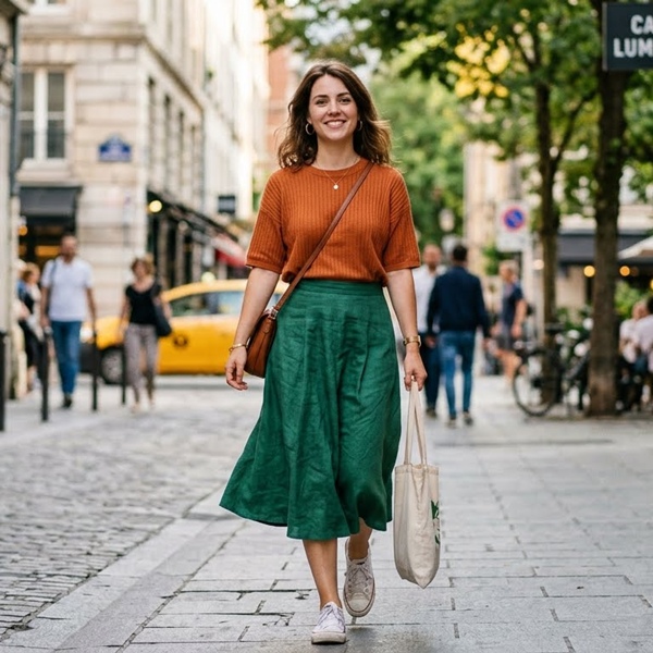 Outfit color block verde esmeralda con naranja estilo fashionista