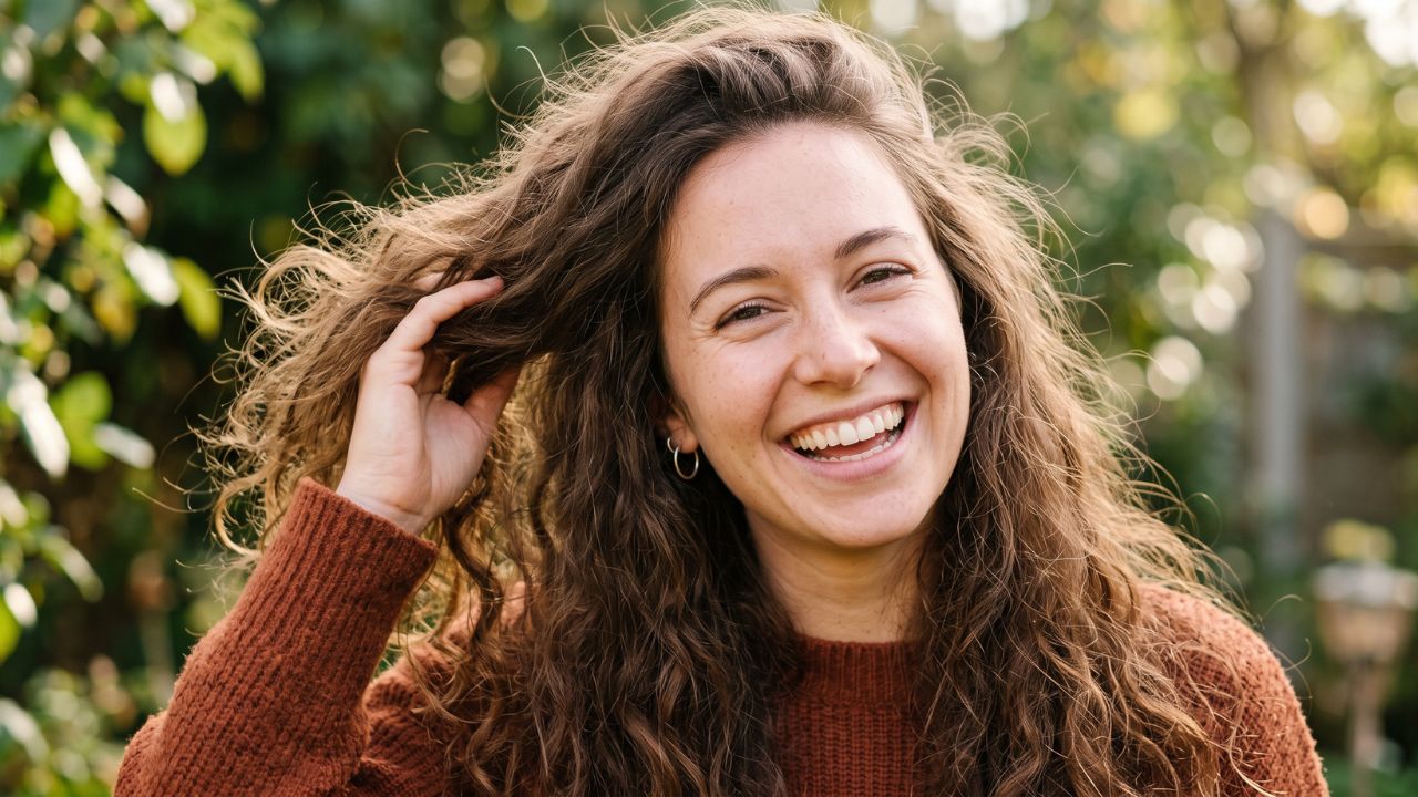 Mujer con cabello suave y brillante aplicando una rutina para eliminar el frizz