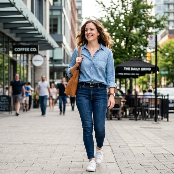 Outfit denim sobre denim con contraste de lavados claros y oscuros