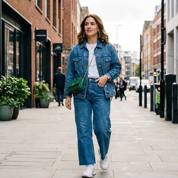 Denim sobre denim con bolso rojo y accesorios llamativos