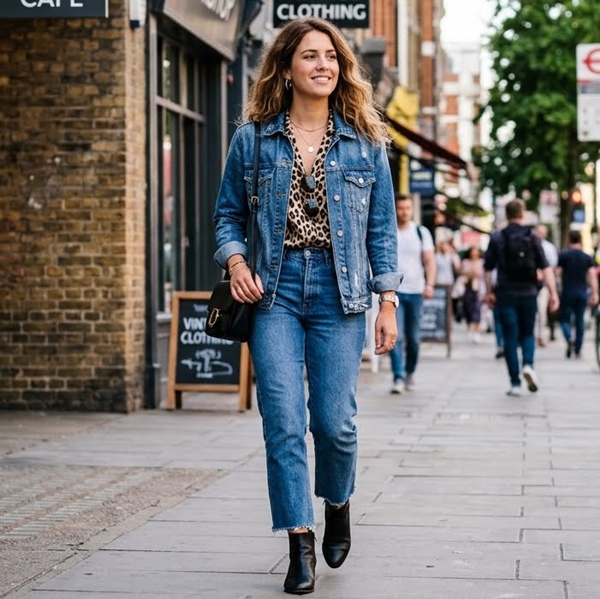 Look denim combinado con estampado de rayas estilo street style
