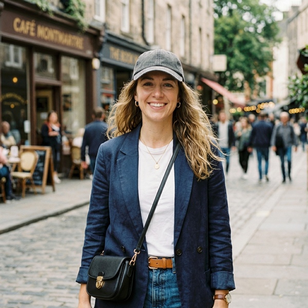 mujer con gorra en outfit casual chic con blazer y jeans