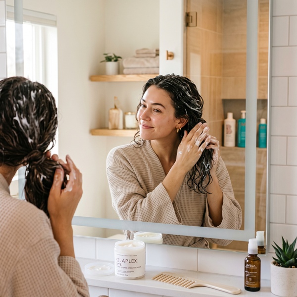 Mujer aplicando una mascarilla hidratante para reducir el frizz