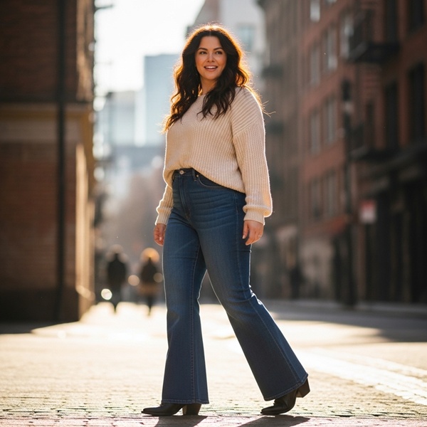 Mujer usando jeans bootcut con tacones para alargar piernas