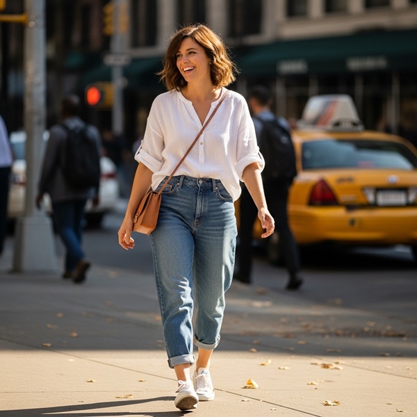 Mujer con jeans slouchy de corte relajado y top ajustado