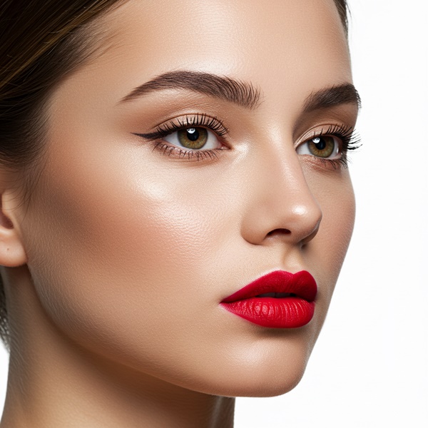 mujer con maquillaje natural y labios rojos