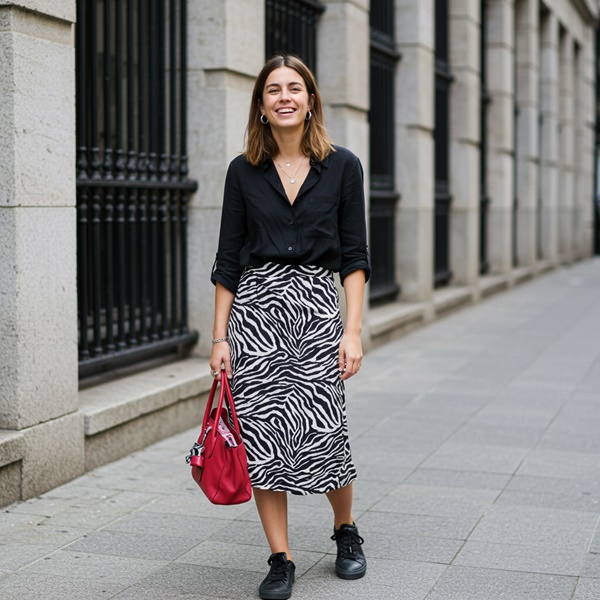 Look con falda de animal print de cebra y camisa negra