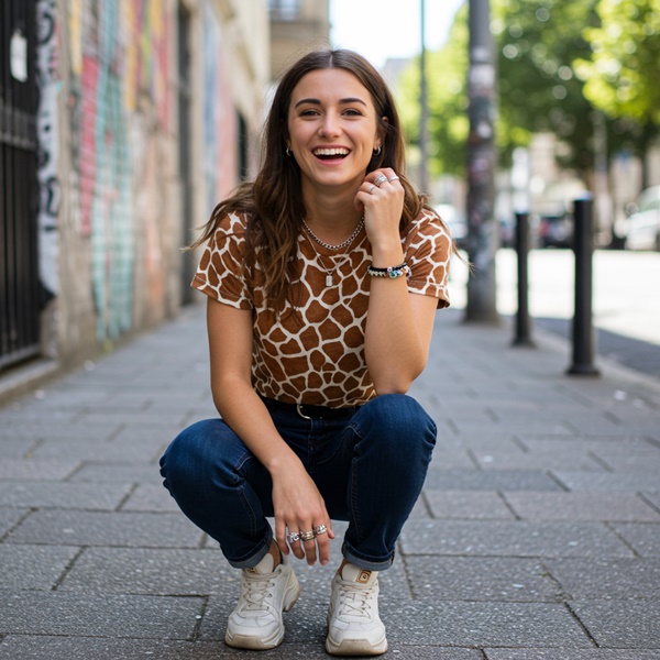 Outfit moderno y casual con camiseta con animal print de jirafa y jeans