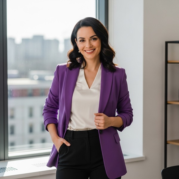 blazer morado con blusa blanca y pantalón negro para look de oficina elegante