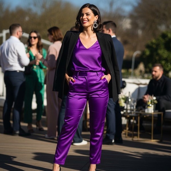 conjunto satinado morado ideal para evento formal