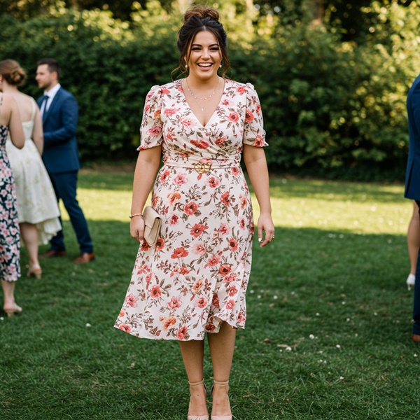 Vestido de estampado floral para un look de invitada a una boda de jardín
