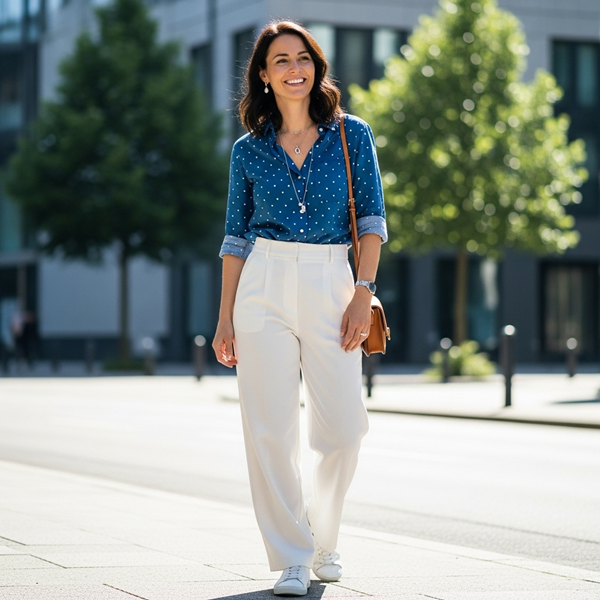Look minimalista con camiseta de lunares y pantalones blancos