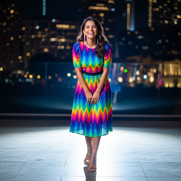 Look de noche con vestido de estampado geométrico zigzag llamativo