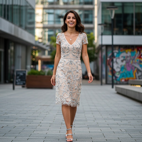 Mujer con vestido midi plateado 