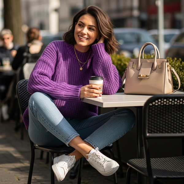 suéter morado con jeans claros en look casual de día