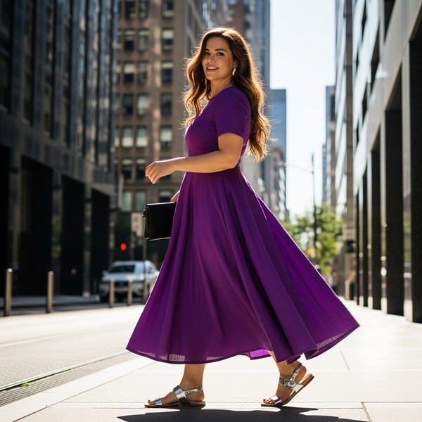 vestido morado con sandalias plateadas para cita romántica