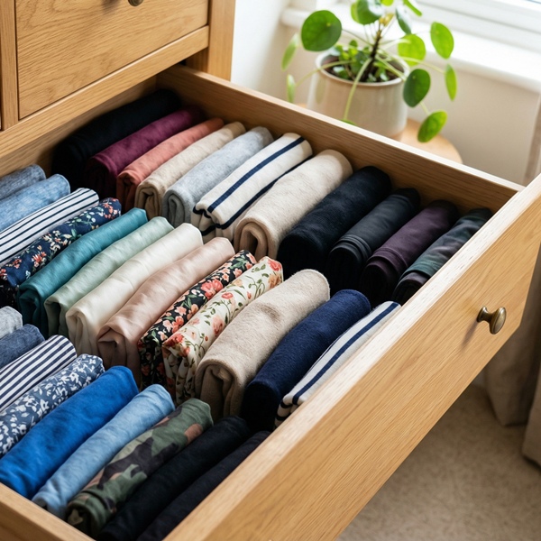 ropa doblada en vertical dentro de cajones organizados