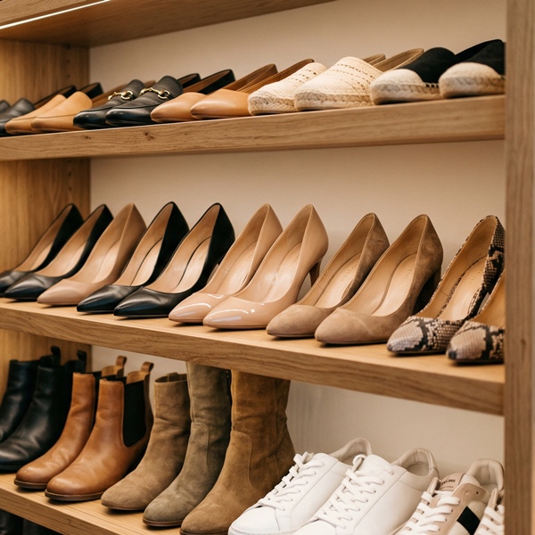 zapatos organizados en repisas dentro de armario