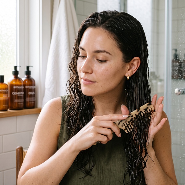 Peine de dientes anchos desenredando cabello húmedo