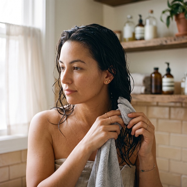 Mujer secando su cabello con una toalla de microfibra sin frotarlo
