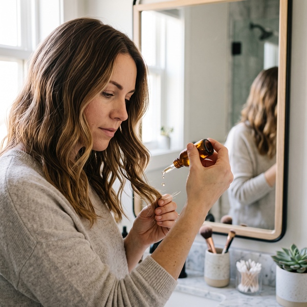 Mujer aplicando sérum antifrizz en las puntas del cabello