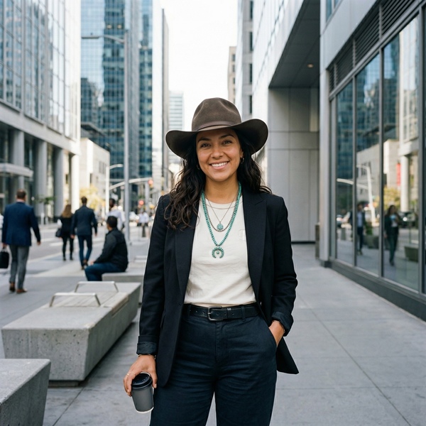 mujer con sombrero cowboy en look western moderno con denim