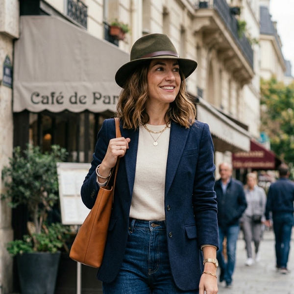 mujer con sombrero fedora en outfit casual elegante con blazer