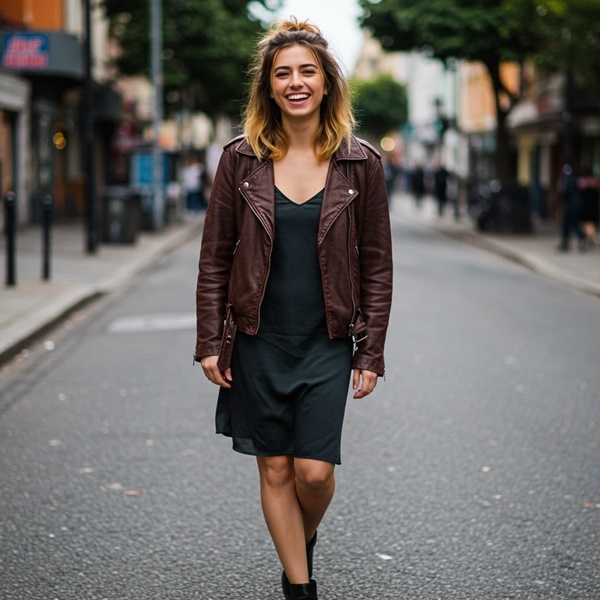 Mujer con vestido lencero noventero con una chaqueta de cuero moderna y botines.