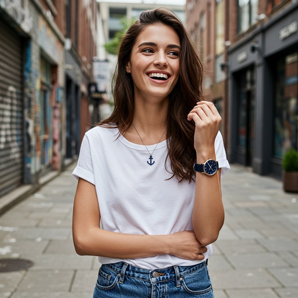 Mujer usando collar con ancla y reloj en tonos azul marino con outfit marinero.