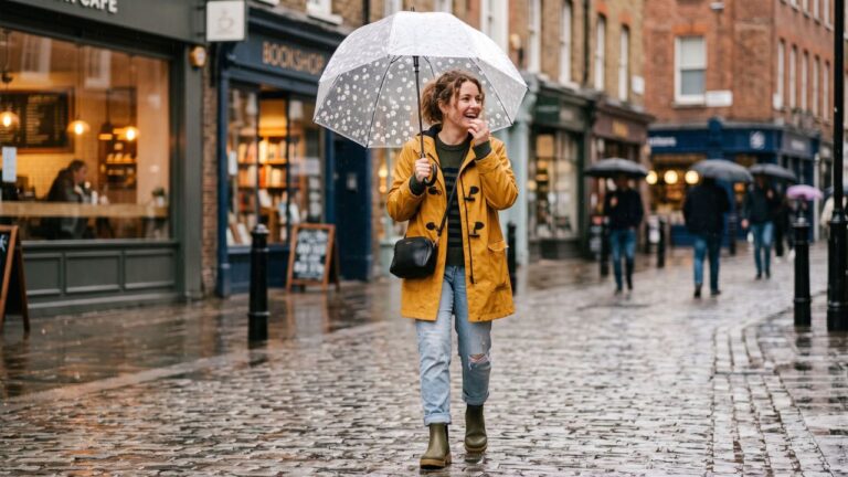 Mujer con accesorios de moda para la temporada de lluvias como paraguas, botas e impermeable en un look casual