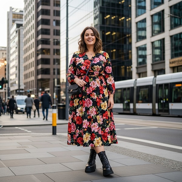 Botas combat negras combinadas con vestido floral corto