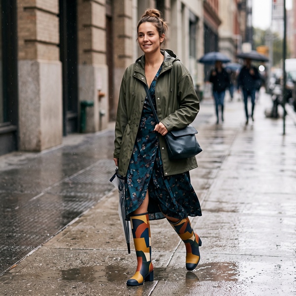 Mujer usando botas de lluvia modernas combinadas con un outfit casual para días lluviosos