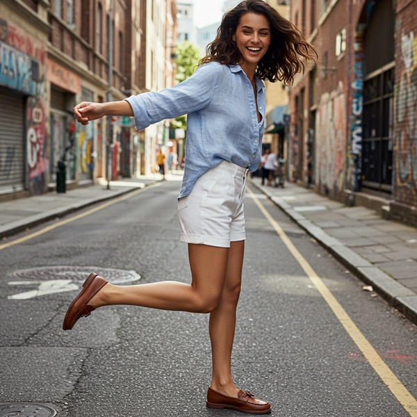 Hombre con mocasines marrones, shorts blancos y camisa de lino azul en estilo náutico.