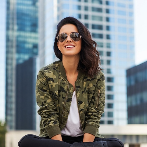 Chaqueta bomber verde oliva militar combinada con jeans y camiseta blanca